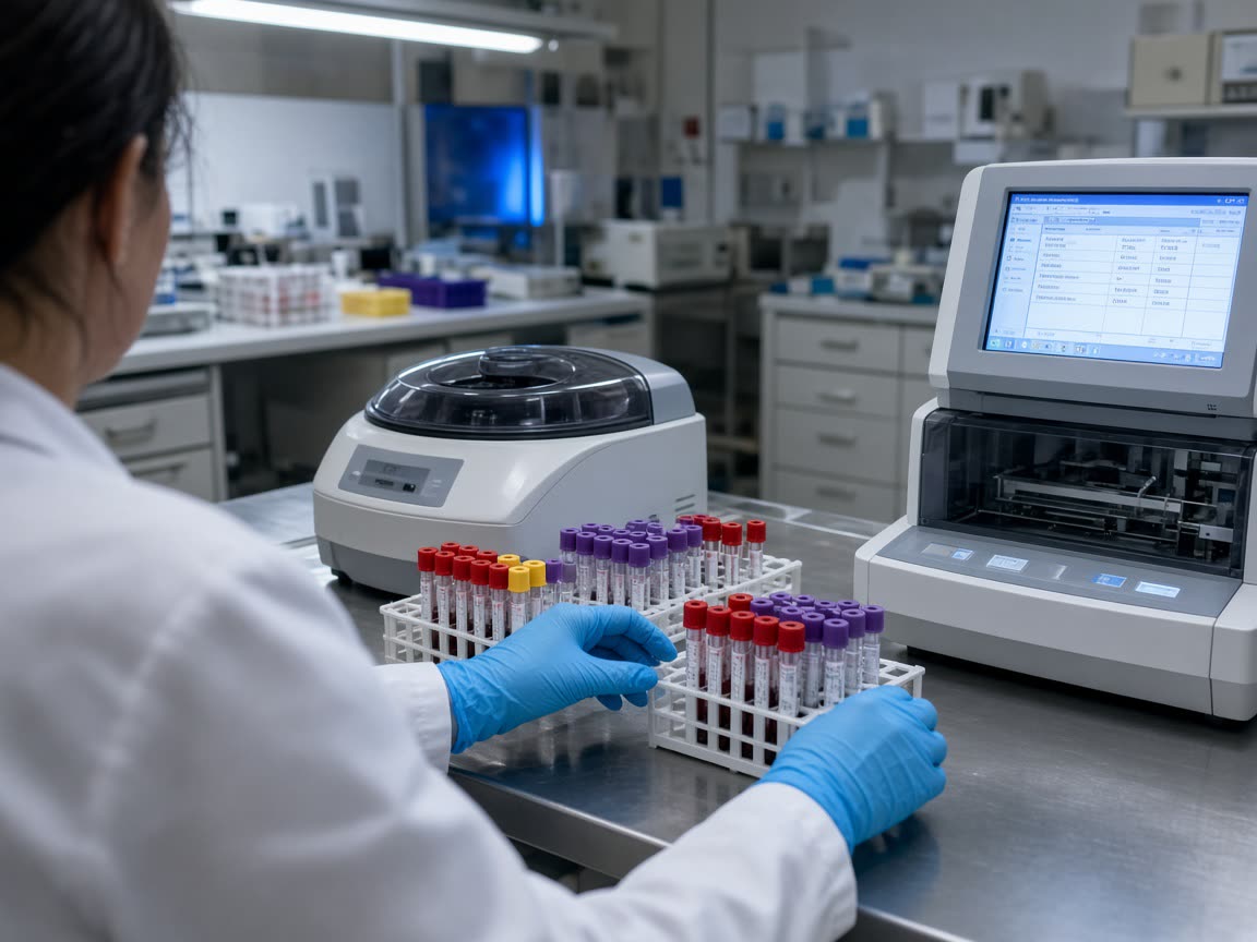 Phlebotomy bench and sample trays inside Yarkon Lab Ltd in Tel Aviv